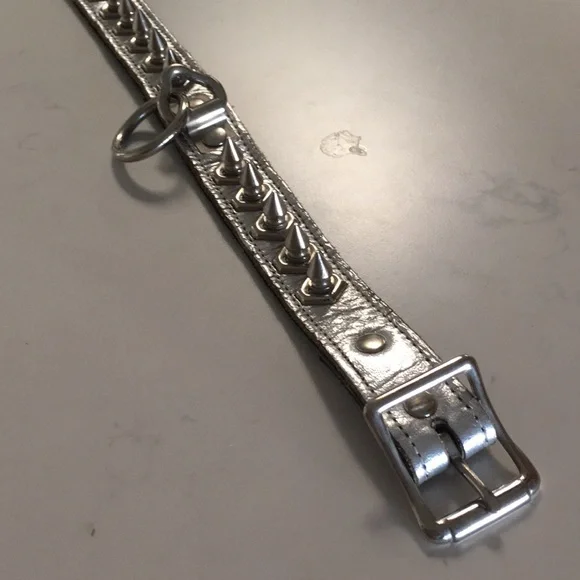 Silver spiked leather lead collar costume Fetish Halloween GoGo Dancer - Picture 9 of 12